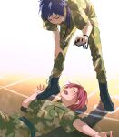  2boys aged_down blue_hair boots closed_eyes dark_blue_hair ensemble_stars! fushimi_yuzuru glasses hand_on_own_knee highres holding long_hair low_ponytail lower_teeth_only lying male_focus military military_uniform multiple_boys on_back open_mouth purple_hair rrr_(reason) saegusa_ibara shoelaces short_sleeves sweat teeth uniform upper_teeth_only whistle whistle_around_neck 