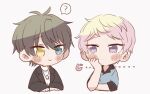  2boys ? blue_eyes blush chibi closed_mouth commentary ensemble_stars! enst_rova green_hair grey_background hand_on_own_face hand_up heterochromia itsuki_shu jewelry kagehira_mika lapels long_sleeves male_focus multiple_boys necklace notched_lapels pink_hair purple_eyes ring_necklace short_bangs short_hair smile spoken_question_mark star_(symbol) star_in_eye symbol_in_eye turtleneck upper_body valkyrie_(ensemble_stars!) yellow_eyes 