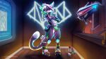  anthro catastrophy caught city city_background codpiece domestic_cat drone_(vehicle) felid feline felis graffiti hair_beads hi_res hood knee_pads looking_at_viewer male mammal neon paint police pose science_fiction solo solo_focus spray_can spray_paint suggestive suggestive_pose 