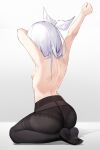  arms_up back black_pantyhose blue_archive breasts from_behind hair_ribbon highres lace-trimmed_panties lace_trim makir nipples panties panties_under_pantyhose pantyhose plana_(blue_archive) ribbon seiza simple_background sitting small_breasts stretching topless underwear white_hair 