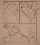 2022 2_horns angry anthro body_hair chest_hair clothed clothing comic dialogue digital_media_(artwork) dot_eyes dragon duo ellipsis english_text eyebrows eyes_closed facial_hair felid fur hair hi_res horn light_bulb lion male mammal muscular muscular_anthro muscular_male open_mouth orion_(xeoniios) pantherine raised_eyebrows reptile ryzz_(xeoniios) scalie simple_background smile speech_bubble teeth teeth_showing text thought_bubble topless whiskers xeoniios 