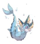  artist_name bubble closed_mouth commentary_request dot_nose fins forked_tail head_fins highres pokemon pokemon_(creature) purple_eyes simple_background tail towa_(clonea) vaporeon white_background 