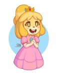  2016 animal_crossing anthro blush canid canine clothing cosplay crossover crossover_cosplay crown daisyein dress female headgear isabelle_(animal_crossing) mammal mario_bros nintendo open_mouth open_smile princess_peach signature simple_background smile solo text url 