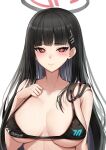  1girl absurdres bikini black_bikini black_hair blue_archive blunt_bangs blush breasts bright_pupils english_text hair_ornament hairclip halo highres large_breasts long_hair looking_at_viewer micro_bikini red_eyes rio_(blue_archive) solo swimsuit white_background 