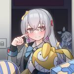  2girls blue_bow blue_eyes blue_vest blush bow box bronya_zaychik character_request closed_mouth collared_shirt commentary confetti english_commentary gift gift_box grey_eyes grey_hair grey_jacket highres homu_(honkai_impact) honkai_(series) honkai_impact_3rd indoors jacket long_hair multiple_girls nodgilmo573 open_clothes open_jacket peeking_out shirt smile solo_focus striped striped_shirt stuffed_animal stuffed_toy vertical-striped_shirt vertical_stripes vest white_shirt 