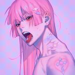  1boy arm_tattoo earrings eyeshadow gyuing666 hair_ornament highres jewelry long_hair makeup male_focus neck_tattoo open_mouth original pink_eyeshadow pink_hair pink_theme simple_background solo tattoo teeth tongue tongue_out topless_male upper_body 