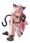  1girl :d absurdres all_fours animal_ears animal_hands bell black_bra black_panties bra breasts cat_ears cat_tail collar fangs gloves highres leon_v long_hair multicolored_hair neck_bell original panties paw_gloves paw_socks pink_hair red_hair simple_background smile solo tail two-tone_hair underwear underwear_only white_background yellow_eyes 