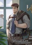  1boy absurdres akunaakun_(kunkun586586) bara brown_hair candlestand collared_shirt earrings feet_out_of_frame highres indoors jacket jacket_on_shoulders jewelry large_pectorals long_sideburns looking_at_viewer male_focus mature_male multicolored_hair multiple_earrings muscular muscular_male necktie original pectorals raised_eyebrow seductive_smile shirt short_hair sideburns sleeves_rolled_up smile solo thick_eyebrows two-tone_hair window 