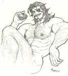  1boy abs arm_hair armpit_hair armpit_hair_peek bara beard candy chest_hair chocolate completely_nude dated dogandclover eugen_(granblue_fantasy) eyepatch facial_hair food from_side granblue_fantasy graphite_(medium) greyscale hairy heart heart-shaped_chocolate highres knee_up large_pectorals leg_hair long_hair looking_at_viewer male_focus mature_male monochrome muscular muscular_male navel_hair nipples nude pectorals seductive_smile smile solo thick_eyebrows thick_thighs thighs traditional_media 