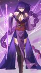  1girl absurdly_long_hair absurdres braid braided_ponytail breasts cleavage expressionless full_body genshin_impact highres japanese_clothes katagirinanoka long_hair looking_at_viewer purple_eyes purple_hair purple_skirt raiden_shogun skirt solo very_long_hair weapon 