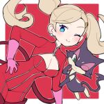  1girl blue_eyes breasts cleavage_cutout clothing_cutout do_m_kaeru earrings gloves hair_ornament hairclip hand_on_own_hip jewelry light_brown_hair long_hair looking_at_viewer medium_breasts one_eye_closed persona persona_5 pink_gloves pokemon purrloin smile solo takamaki_anne twintails 