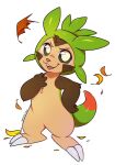  anthro bloominglynx brown_body brown_fur chespin featureless_crotch front_view fur generation_6_pokemon glistening glistening_eyes green_eyes head_tuft leaf looking_at_viewer male nintendo nude open_mouth open_smile orange_body orange_fur pokemon pokemon_(species) red_nose simple_background smile solo standing tuft white_background 
