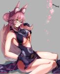  1girl animal_ear_fluff animal_ears aona_(anagasaki) bell black_dress black_gloves blush breasts center_opening china_dress chinese_clothes double_bun dress fate/grand_order fate_(series) fox_ears fox_girl fox_tail glasses gloves hair_between_eyes hair_bun highres jingle_bell koyanskaya_(chinese_lostbelt_outfit)_(fate) koyanskaya_(fate) large_breasts long_hair looking_at_viewer pink_hair side_slit sidelocks sitting sleeveless sleeveless_dress smile solo tail tamamo_(fate) tassel thighs underboob yellow_eyes 