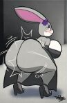  anthro ass_clapping big_breasts big_butt breasts butt clothing crouching dress english_text female footwear grey_body half-closed_eyes hi_res high_heels huge_breasts huge_butt lagomorph leporid mammal narrowed_eyes onomatopoeia rabbit red_eyes solo sound_effects tansau text twerking 