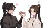  2boys artist_name bishounen black_hair black_robe blush brown_eyes brown_hair chinese_clothes chinese_commentary chu_wanning closed_mouth commentary_request erha_he_tadebai_mao_shizun flying_sweatdrops frown hair_between_eyes hair_ornament hand_up hanfu heart heart_hands heart_hands_duo high_ponytail highres long_hair long_sleeves looking_at_another male_focus mo_ran multiple_boys parted_bangs ponytail purple_eyes robe sheng3_3 sidelocks simple_background upper_body v-shaped_eyebrows vambraces weibo_logo weibo_username white_background white_robe wide_sleeves 