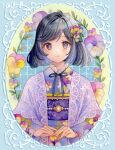  1girl aqua_border black_eyes black_hair blue_background blue_kimono blue_ribbon bob_cut border closed_mouth floral_background floral_print flower framed frilled_shirt_collar frills gem hair_flower hair_ornament jacket japanese_clothes kimono lace_jacket looking_at_viewer neck_ribbon obi obiage obijime original own_hands_together pansy pearl_(gemstone) pink_flower pink_jacket print_kimono purple_flower purple_sash ribbon sash smile solo swept_bangs upper_body yachi_waki yellow_flower 