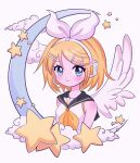 1girl :3 angel_wings blonde_hair blue_eyes blush bow chelly_(chellyko) cloud crescent_moon feathered_wings hair_bow hair_ornament hairclip headphones headset highres kagamine_rin looking_at_viewer moon neckerchief sailor_collar shirt short_hair sleeveless sleeveless_shirt smile solo star_(symbol) upper_body vocaloid white_background wings 
