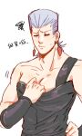  1boy 2608337875 earrings flattop grey_hair highres jean_pierre_polnareff jewelry jojo_no_kimyou_na_bouken large_pectorals male_focus manboobs muscular muscular_male pectoral_cleavage pectoral_focus pectorals shirt_tug solo squiggle stardust_crusaders sweat 