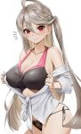  1girl absurdres ahoge bikini black_panties blush breasts cleavage commentary grey_hair gundam gundam_build_metaverse highres large_breasts long_hair looking_at_viewer one_side_up panties red_eyes solo sunkilow swimsuit underwear undressing upper_body urutsuki_seria 