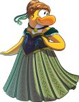  absurd_res anna_(frozen) avian bird black_clothing black_topwear black_vest brown_hair choker clothing club_penguin crossover dress female full-length_portrait green_clothing green_dress hair hi_res jewelry looking_aside necklace official_art penguin portrait sleeveless_dress solo topwear unknown_artist updo vest 