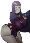  1girl absurdres ass bent_over blunt_ends breasts cape colored_skin dc_comics doublehero expressionless forehead_jewel grey_skin highres large_breasts leotard looking_at_viewer purple_eyes purple_hair purple_leotard raven_(dc) short_hair solo teen_titans thick_thighs thighs v white_background 