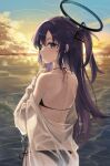  1girl absurdres back bikini black_bikini blue_archive blue_eyes chie_(user_snfh8333) commentary halo highres jacket long_hair looking_at_viewer looking_back ocean off_shoulder parted_bangs purple_hair solo sunset swimsuit two_side_up yuuka_(blue_archive) 
