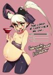  1girl absurdres big_belly black_eyes black_hair commentary cup dress english_commentary english_text feng_(skullgirls) flat_chest highres holding holding_cup multicolored_hair navel nipples open_mouth pregnant red_background red_dress simple_background skullgirls slugbox solo topless two-tone_hair white_hair 