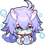  1girl :&gt; ahoge bailu_(honkai:_star_rail) blue_hair braid chibi chinese_clothes closed_mouth crossed_bangs dragon_girl dragon_horns drinking english_commentary hair_between_eyes honkai:_star_rail honkai_(series) horns long_hair long_sleeves official_art pointy_ears ponytail transparent_background upper_body v-shaped_eyebrows white_sleeves 