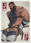  1boy adjusting_clothes areola_slip around_crotch ass bara beard biceps bulge card cleavage_cutout clothing_cutout covered_abs dagger dark-skinned_male dark_skin eyebrow_piercing facial_hair feet_out_of_frame from_side gloves groin highres joker_(card) knife large_pectorals leather_belt legs_together looking_ahead male_focus mature_male muscular muscular_male original pectorals piercing playing_card revealing_clothes sheath sheathed short_hair shoulder_tattoo sidepec solo tattoo thick_arms thick_eyebrows thick_thighs thighs tooboshoo underbust undercut weapon 