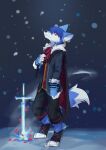  anthro black_nose blue_body blue_fur blue_hair blue_tail canid chain cheek_tuft clothed clothing facial_tuft full-length_portrait fur hair hi_res kuttoyaki looking_at_viewer male mammal melee_weapon portrait pupils red_eyes slit_pupils solo standing sword tail tuft weapon white_body white_fur white_tail 