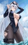  absurdres azur_lane black_pantyhose blue_eyes breasts enterprise_(azur_lane) enterprise_(diving_under_blue_skies)_(azur_lane) from_below goggles goggles_on_head hai_binggan highres large_breasts long_hair looking_at_viewer navel official_alternate_costume one-piece_swimsuit outdoors pantyhose parted_lips solo swimsuit thigh_pouch thigh_strap thighs water white_hair 