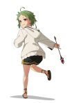  1girl black_shorts elf from_behind green_hair highres holding holding_wand hood hooded_jacket jacket mushoku_tensei pointy_ears red_eyes running sandals shadow short_hair shorts solo sylphiette_(mushoku_tensei) wand white_background white_jacket yoxtut 