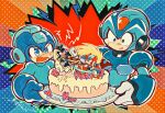  4boys android anger_vein bass_(mega_man) battle blonde_hair blue_eyes cake commentary english_commentary food green_eyes helmet highres holding holding_sword holding_weapon long_hair male_focus mega_man_(character) mega_man_(classic) mega_man_(series) mega_man_x_(series) multiple_boys nongura sword weapon x_(mega_man) z_saber zero_(mega_man) 