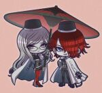  1boy 1girl black_footwear black_headwear black_jacket black_pants boots cape chibi closed_mouth commentary_request full_body gisho_(v_doi) glasses grey_hair hair_over_one_eye hand_on_own_hip high_heels holding holding_umbrella jacket long_hair long_sleeves looking_at_viewer martina_electro master_detective_archives:_rain_code military_uniform oil-paper_umbrella pants purple_eyes red_hair red_umbrella short_hair simple_background smile standing twitter_username umbrella uniform very_long_hair white_cape yomi_hellsmile 