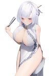  1girl absurdres alternate_costume azur_lane belfast_(azur_lane) braid breasts center_opening china_dress chinese_clothes cleavage dress folding_fan french_braid hand_fan highres holding holding_fan large_breasts long_hair lordol purple_eyes side_slit sitting white_background white_hair 