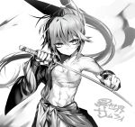  1girl breasts commentary_request gauntlets highres holding holding_sword holding_weapon isekai_samurai katana looking_at_viewer monochrome panda=hiro ponytail sarashi scar scar_on_face scar_on_nose small_breasts solo sword toned tsukitsuba_ginko weapon 