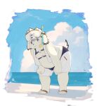  absurd_res anthro beach belly bent_over blue_eyes blush bottomwear bulge canid canine canis clothing domestic_dog floppy_ears footwear fur hi_res male mammal moobs navel nipples overweight return026 sandals seaside shorts solo swimwear tajima_(tamacolle) tamacolle white_body white_fur 