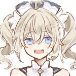  1girl barbara_(genshin_impact) blonde_hair blue_eyes blue_gemstone close-up gem genshin_impact hair_between_eyes light_blush looking_at_viewer medium_hair open_mouth portrait shimozaki_hotaru simple_background solo twintails white_background white_headwear 