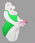  anthro areola areola_slip artist_name balls bear big_butt big_penis blush bodily_fluids breasts butt clothed clothing cum cumshot daimo dress ear_piercing ejaculation evelyn_(sff) eyes_closed fur genital_fluids genitals green_clothing green_dress grey_background gynomorph hi_res intersex mammal masturbation motion_lines no_underwear orgasm orgasm_face penis penis_grab piercing polar_bear simple_background small_breasts solo super_fuck_friends sweat thick_thighs tongue tongue_out trans_(lore) trans_woman_(lore) ursine vein veiny_penis white_body white_fur wide_hips 