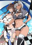  2girls absurdres belt blush breasts brown_eyes brown_hair checkered_clothes dark-skinned_female dark_skin flag glasses gloves grey_hair hair_between_eyes highres holding holding_flag holding_umbrella jacket kantai_collection large_breasts long_hair looking_at_viewer micro_shorts multiple_girls musashi_(kancolle) race_queen red_eyes shorts showgirl_skirt skirt smile sunglasses thighhighs umbrella unfinished very_long_hair yamato_(kancolle) yunamaro 