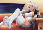  1girl aqua_eyes artist_logo breasts collarbone couch covered_nipples crossed_legs dark-skinned_female dark_skin eyelashes feet foot_focus foot_out_of_frame foreshortening green_jacket green_shorts grey_hair gundam gundam_suisei_no_majo indoors jacket knees_up large_breasts leaning_back legs leotard long_sleeves medium_hair no_shoes on_couch open_clothes open_jacket open_mouth parted_bangs secelia_dote shadow short_shorts shorts sideboob sidelocks sitting skindentation soles solo space teeth teng_zhai_zi thighhighs thighs toes upper_teeth_only white_leotard white_thighhighs 