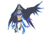  1girl absurdres animal_feet animal_hands armor bad_source bird_legs bird_tail bird_wings black_hair black_wings blue_hair blue_skin breasts bright_pupils claws closed_mouth colored_inner_hair colored_skin cuisses digitigrade drooling feather_hair feathered_wings fewer_digits full_body gorget greaves hair_between_eyes hair_intakes hand_up harpy headpiece highres inu_fuji large_breasts long_hair looking_at_viewer monster_girl multicolored_hair original simple_background solo tail talons toeless_legwear very_long_hair white_background white_pupils winged_arms wings yellow_eyes 