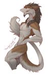  anthro brown_hair claws fur hair hi_res kredri male nude pose sergal simple_background smile solo tail teeth teeth_showing 