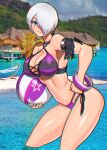  1girl akisu_k angel_(kof) ball beachball bikini blue_eyes bracelet breasts cleavage day hair_over_one_eye hands_on_own_hips holding holding_ball holding_beachball jewelry large_breasts looking_at_viewer midriff navel ocean photo_background smile smug snk solo swimsuit the_king_of_fighters the_king_of_fighters_all-stars toned white_hair 
