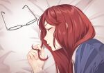  1girl bed bed_sheet black-framed_eyewear blush close-up closed_eyes from_side glasses hair_down highres long_hair long_sleeves lying official_alternate_hairstyle on_bed on_side parted_lips persona persona_5 persona_5_the_royal profile red_hair shirt sleeping solo yoshizawa_kasumi yoshizawa_sumire yura_s_arts 