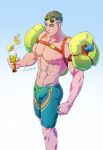  1boy abs aqua_male_swimwear artist_name bara cup drinking_straw evinist eyewear_on_head food fruit gradient_background grey_hair holding holding_cup innertube large_pectorals male_focus male_swimwear multicolored_hair muscular muscular_male navel nipples overwatch overwatch_1 pectorals short_hair sigma_(overwatch) simple_background solo sunglasses topless_male two-tone_hair 