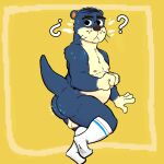  2023 absurd_res animal_crossing anthro anti_g0ri backsack balls belly blue_body butt eyewear genitals glasses hi_res humanoid_hands lyle_(animal_crossing) male mammal moobs mustelid nintendo nipples otter question_mark simple_background slightly_chubby solo 