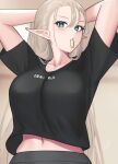  1girl aqua_eyes arms_up black_pants black_shirt blush breasts commentary_request elf grey_hair hair_tie_in_mouth hayabusa highres large_breasts long_hair looking_at_viewer mole mole_under_eye mouth_hold navel original paid_reward_available pants pointy_ears shirt short_sleeves signature tying_hair 