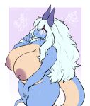  anthro big_breasts blue_body breasts curvy_figure dragon eyewear female glasses hair horn huge_breasts iriedono long_hair nipples nude presenting raised_tail reptile round_glasses sangerla_(anselme) scales scalie solo tail ventral_scales voluptuous wingless_dragon 