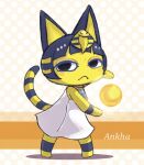  1girl animal_crossing animal_ears ankha_(animal_crossing) arm_up armband bare_shoulders barefoot black_eyes blue_eyeliner blue_hair blunt_bangs blush blush_stickers bob_cut body_fur cat_ears cat_girl cat_tail character_name closed_mouth commentary dress egyptian egyptian_clothes english_text eyelashes flat_chest furry furry_female hair_ornament half-closed_eyes leg_warmers legs_apart light_blush looking_at_viewer noichigo-san orb polka_dot polka_dot_background short_hair sidelocks sleeveless sleeveless_dress snake_hair_ornament solo striped_tail tail tail_raised telekinesis white_dress yellow_fur 